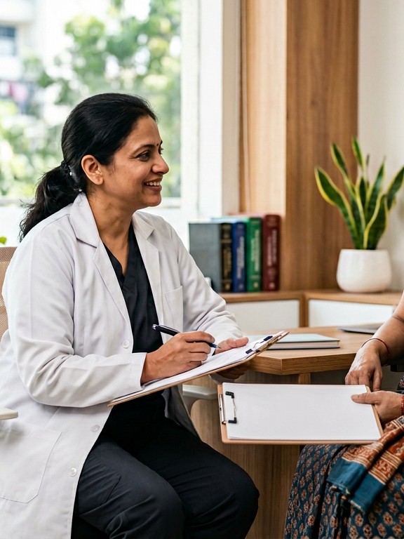Consultation at Nithya Gastro — caring doctor–patient discussion